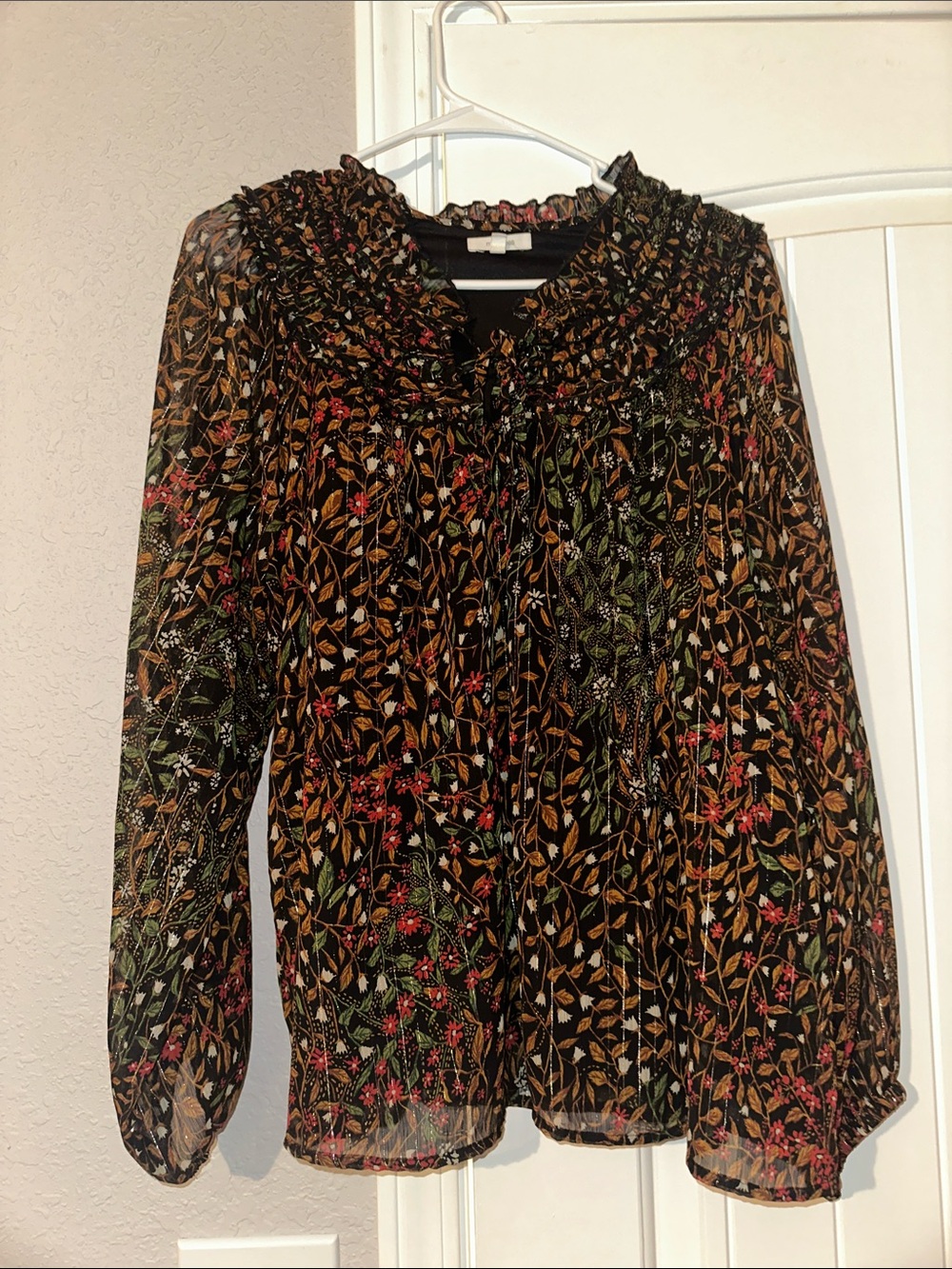 Maurices Black Floral Ruffle-Neck Blouse